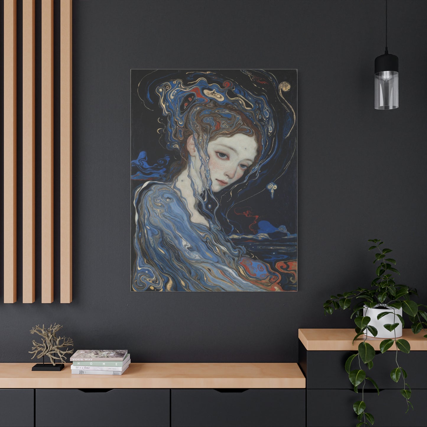 Ethereal Siren Matte Canvas Wall Art — Surreal Blue Portrait, Stretched 1.25"