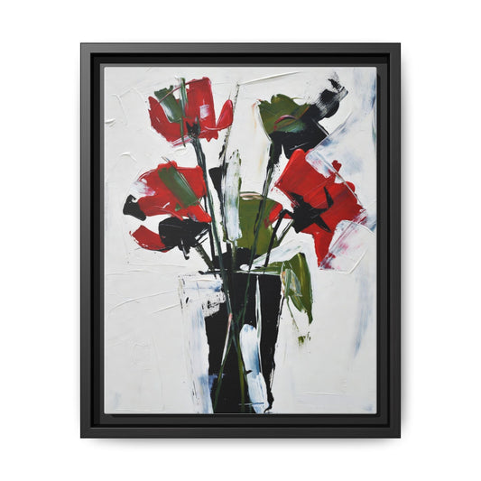 Framed Abstract Floral Canvas Print — Red Poppies in Black Vase