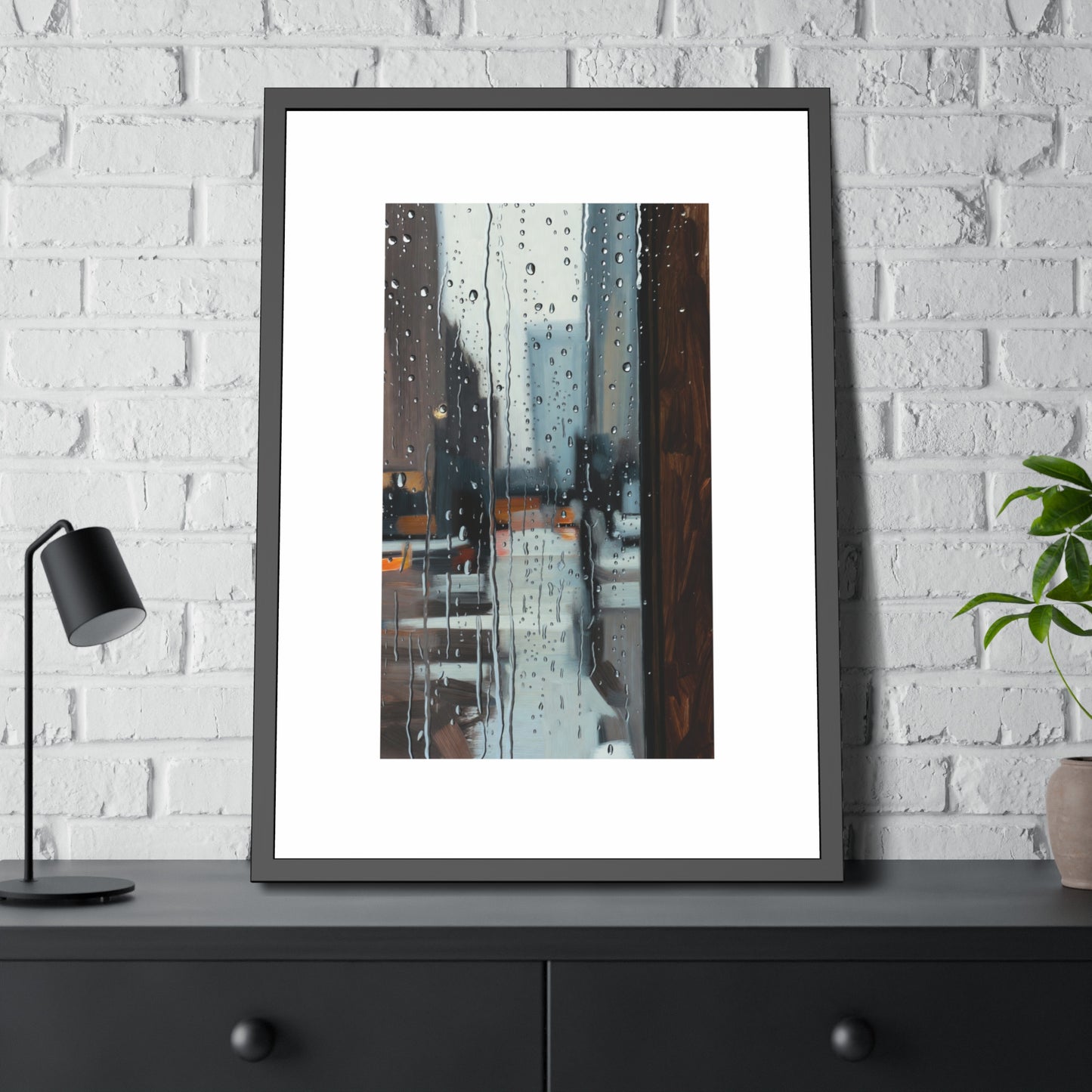 Framed Cityscape Poster — Rainy Window Urban Art Print