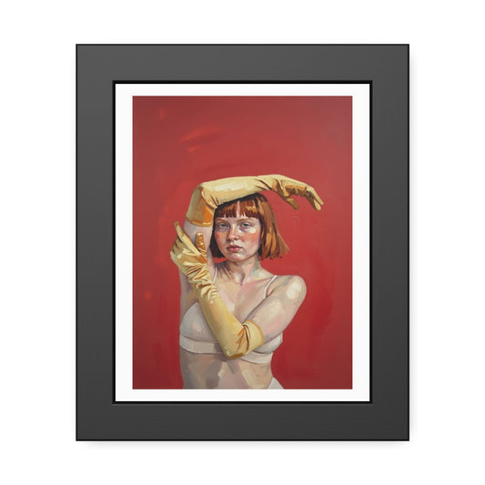 Framed Art Print — Retro Portrait with Yellow Gloves on Red Background