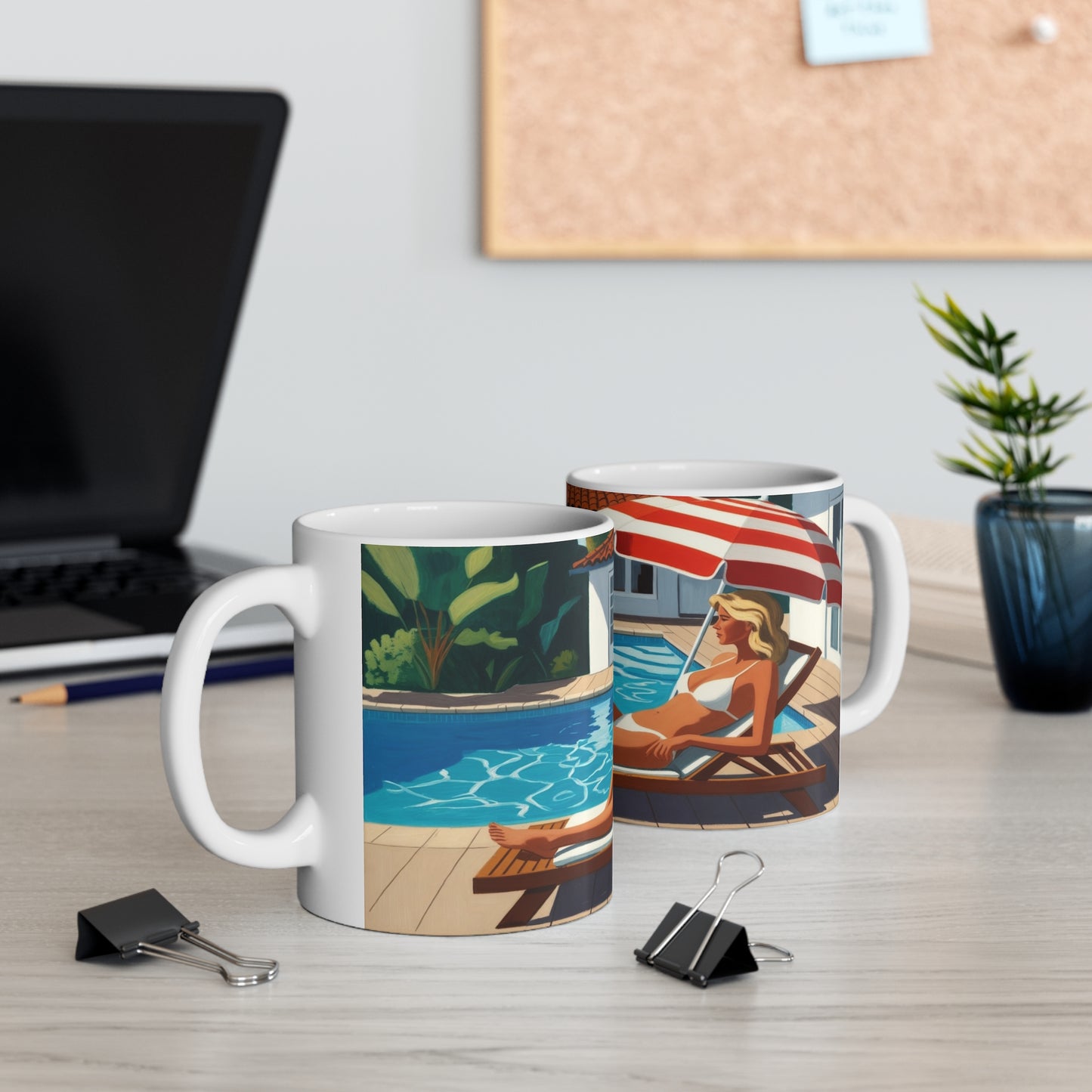 Poolside Retro Art Mug — Vintage Woman Lounging by the Pool