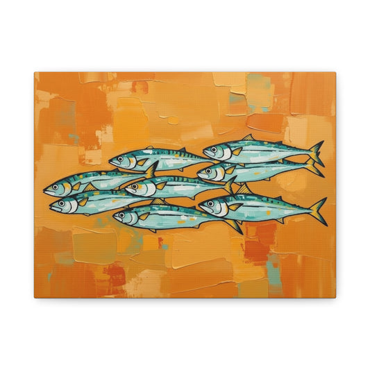 School of Mackerel Canvas Wall Art — Nautical Fish Painting on Orange Background