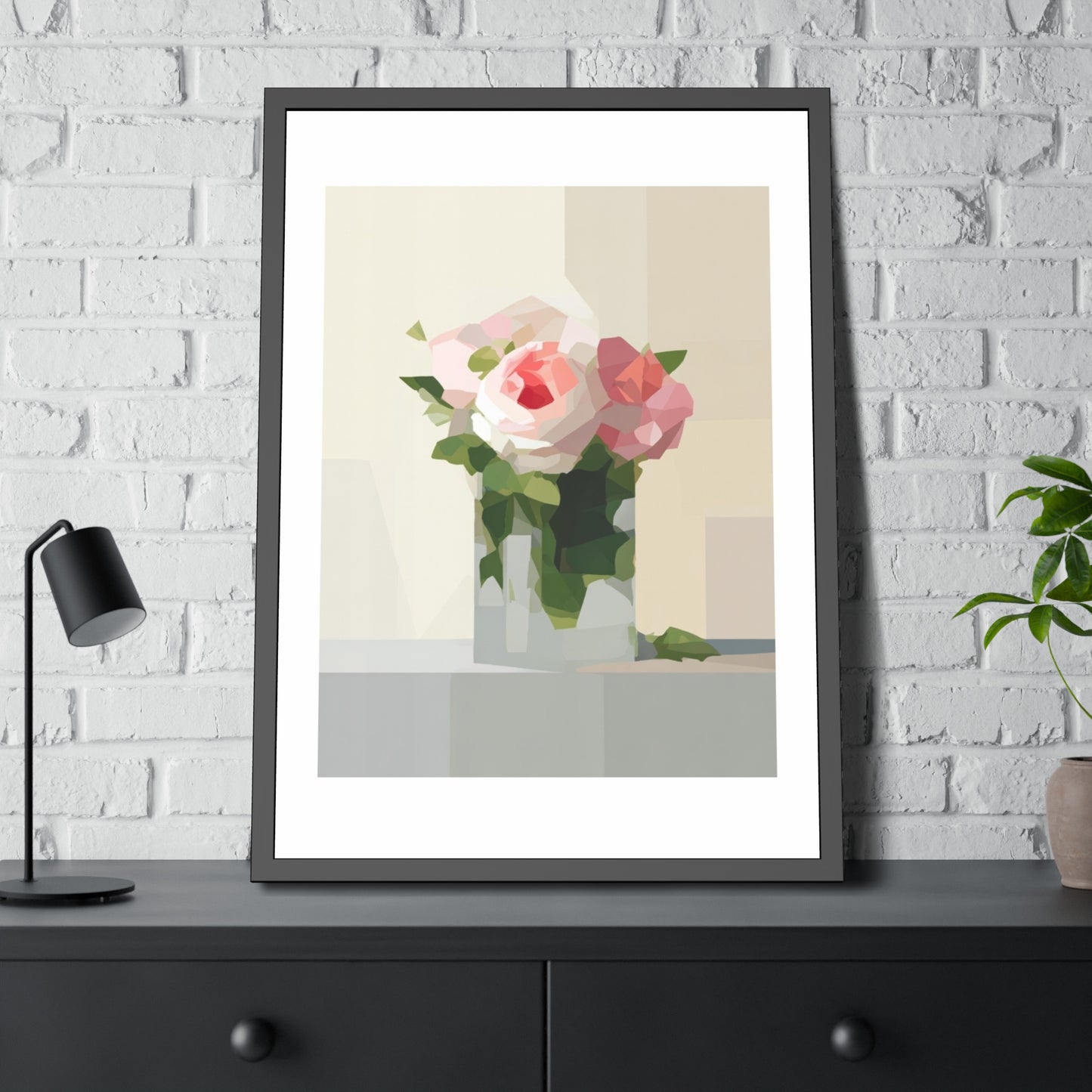 Framed Floral Poster — Geometric Pink Rose Wall Art