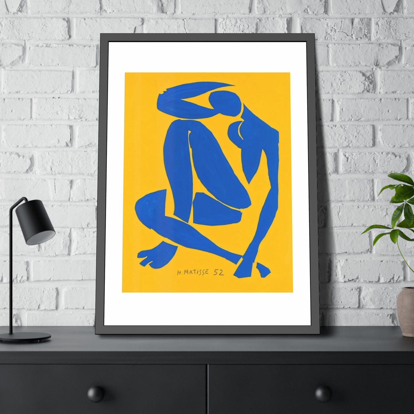 Framed Art Print - Blue Cutout Figure on Yellow (Matisse Style)