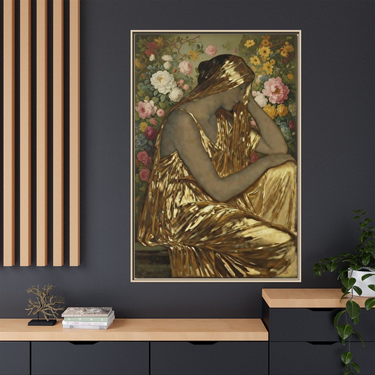 Framed Canvas Art Print — Golden Muse Woman with Floral Background