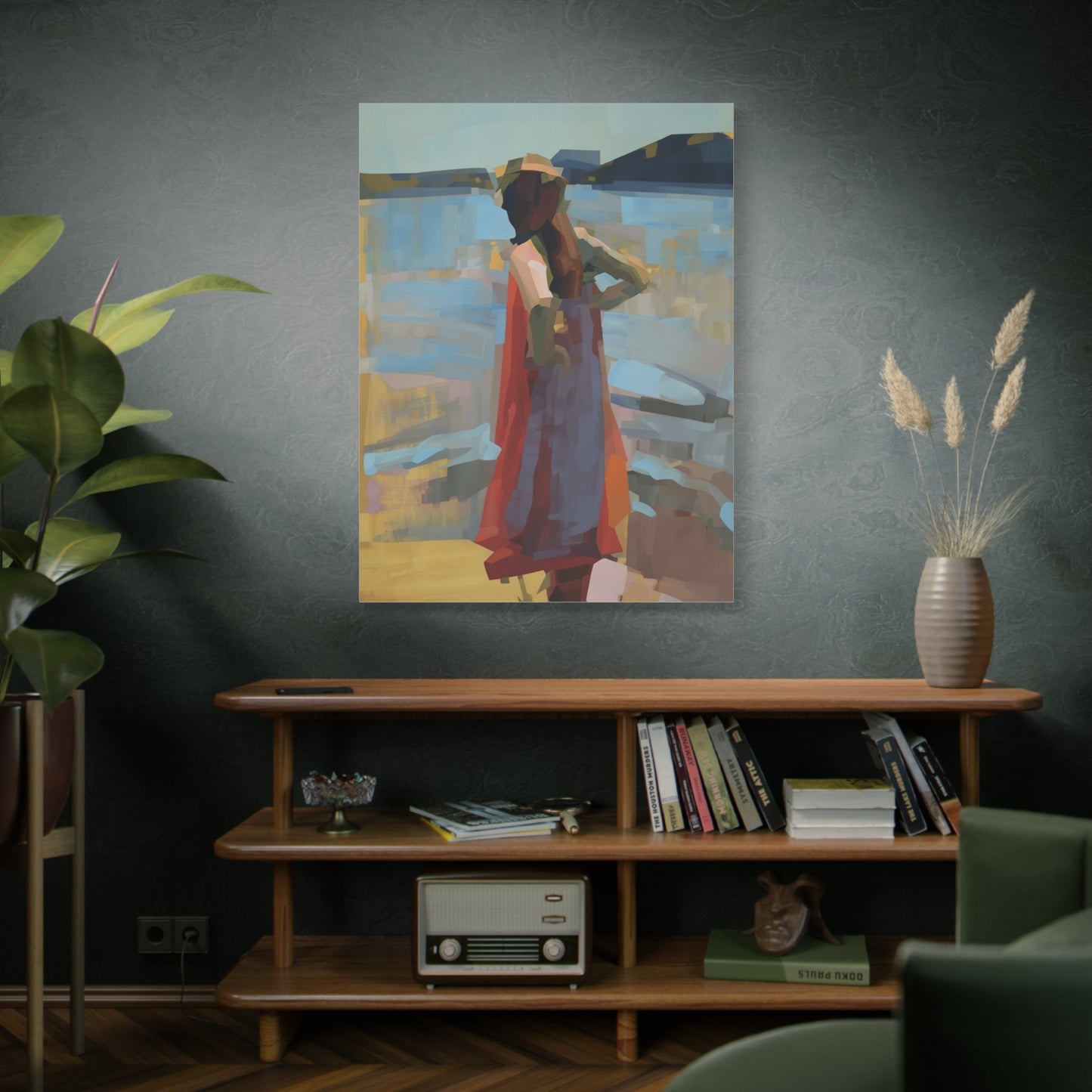 Coastal Stroll Matte Canvas Print — Abstract Woman in Red Dress, Stretched 1.25"