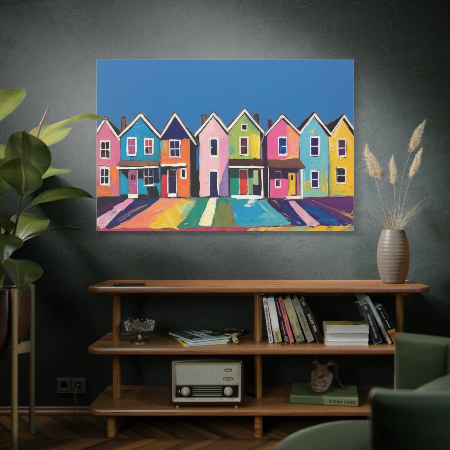 Colorful Row Houses Matte Canvas Print Vibrant Coastal Neighborhood Wall Art