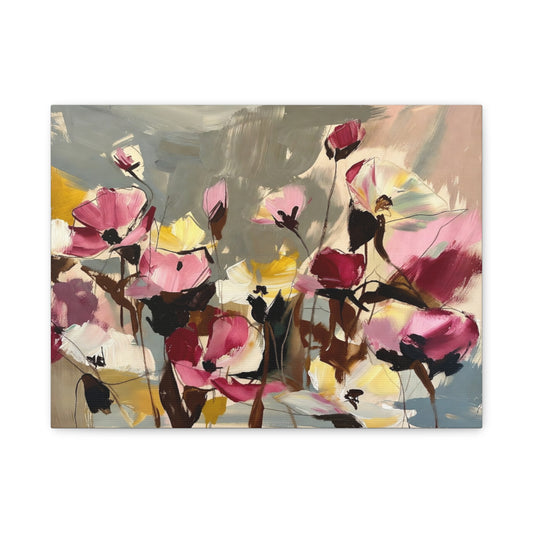 Floral Abstract Canvas Wall Art — Pink & Yellow Bloom Stretched Matte Print
