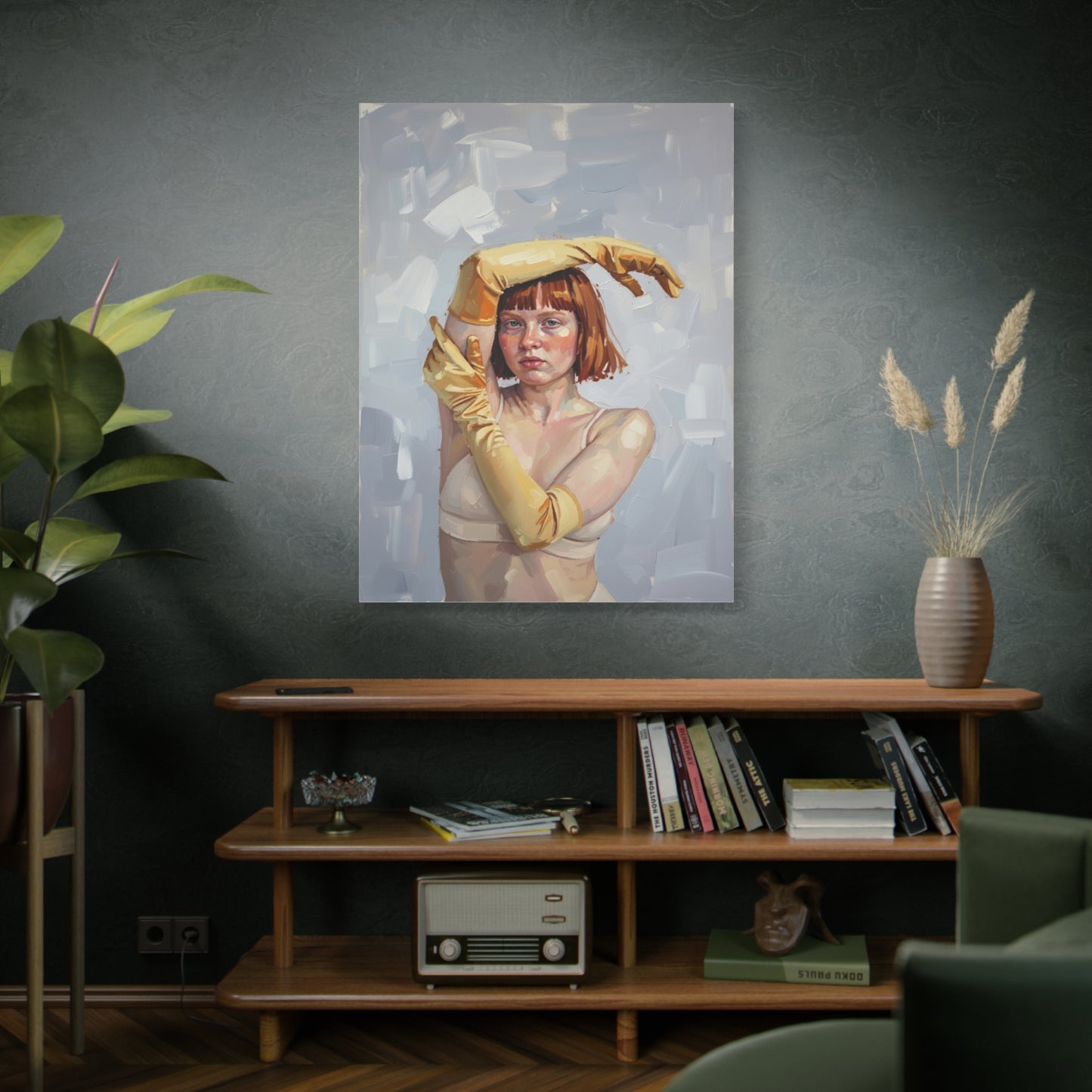 Portrait Canvas Print — Redheaded Woman with Yellow Gloves, Matte Stretched Art