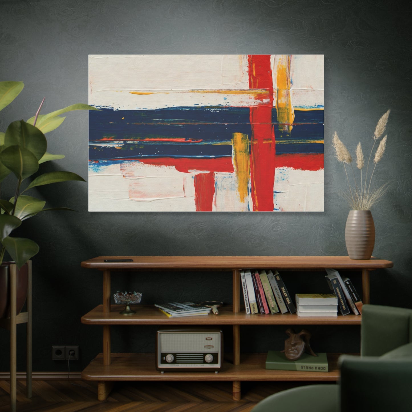 Abstract Modern Canvas Art Print — Red, Navy & Gold Stretched Matte Canvas