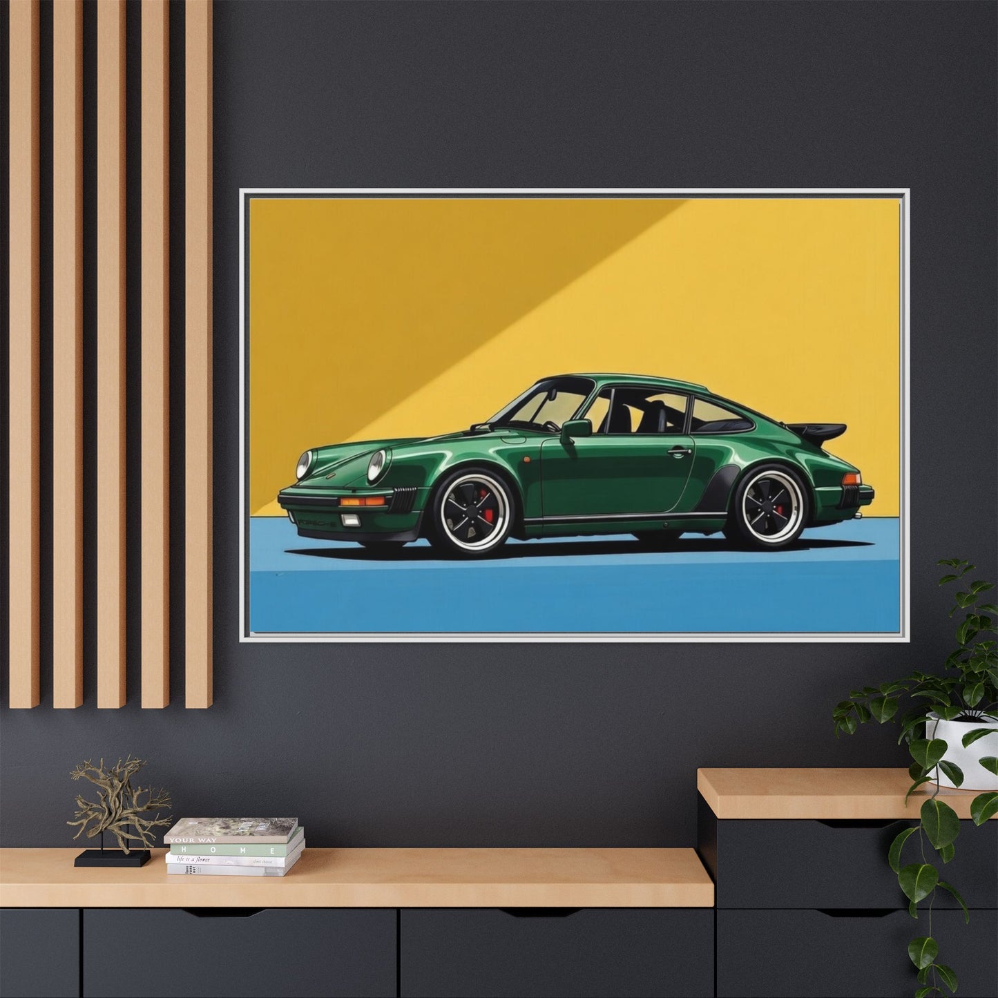 Framed Matte Canvas — Green Sports Car Wall Art