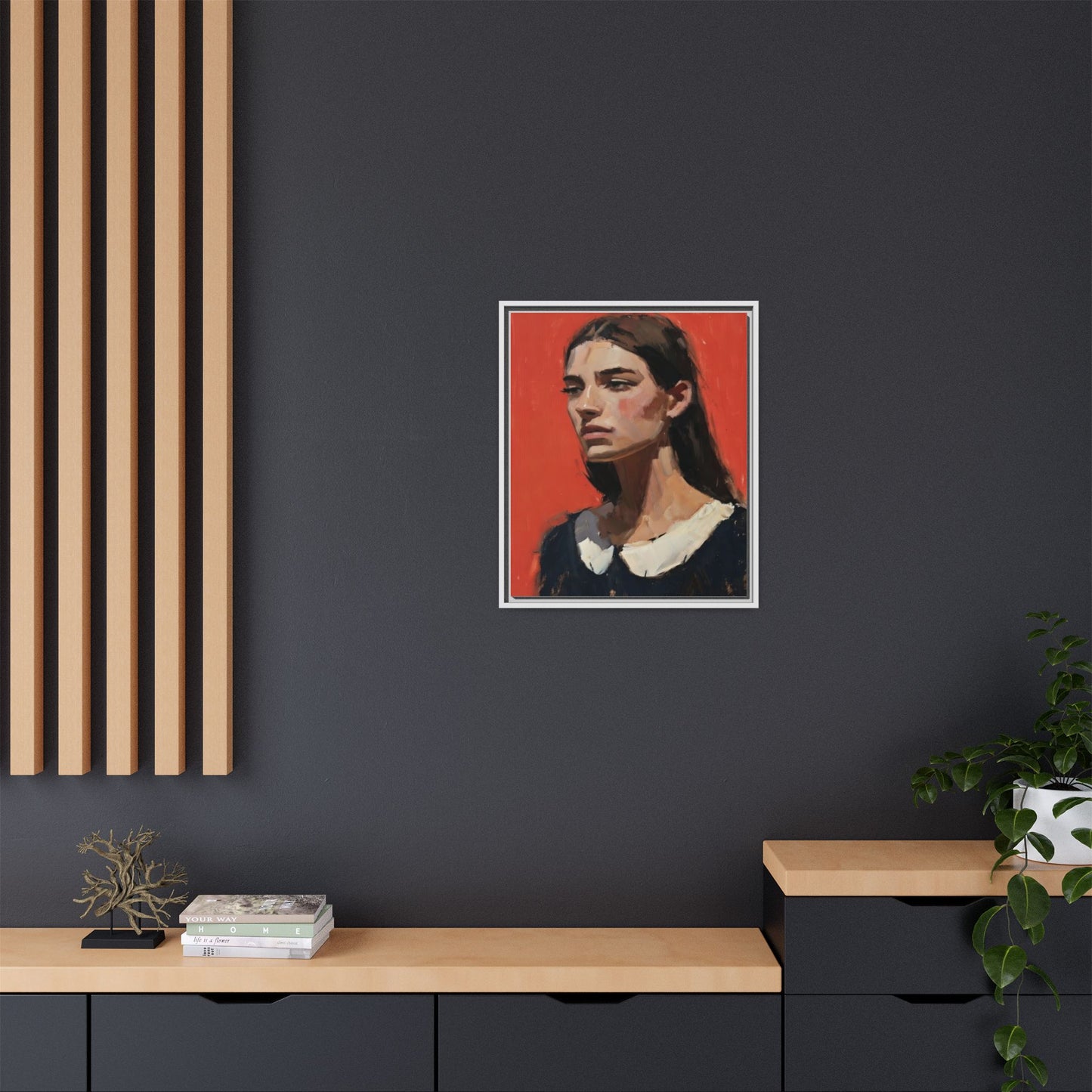 Framed Matte Canvas Portrait Print — Moody Red Figurative Art