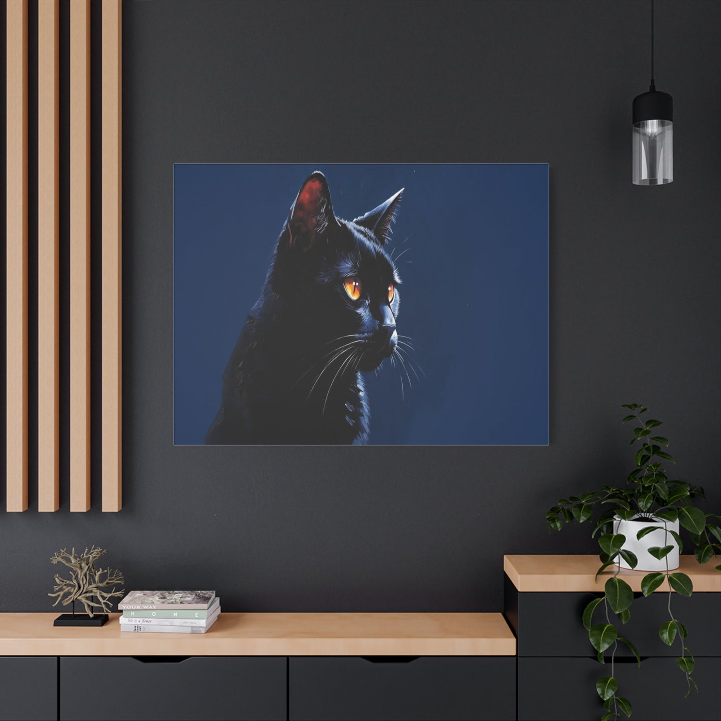 Matte Black Cat on blue background Canvas, Stretched, 1.25"