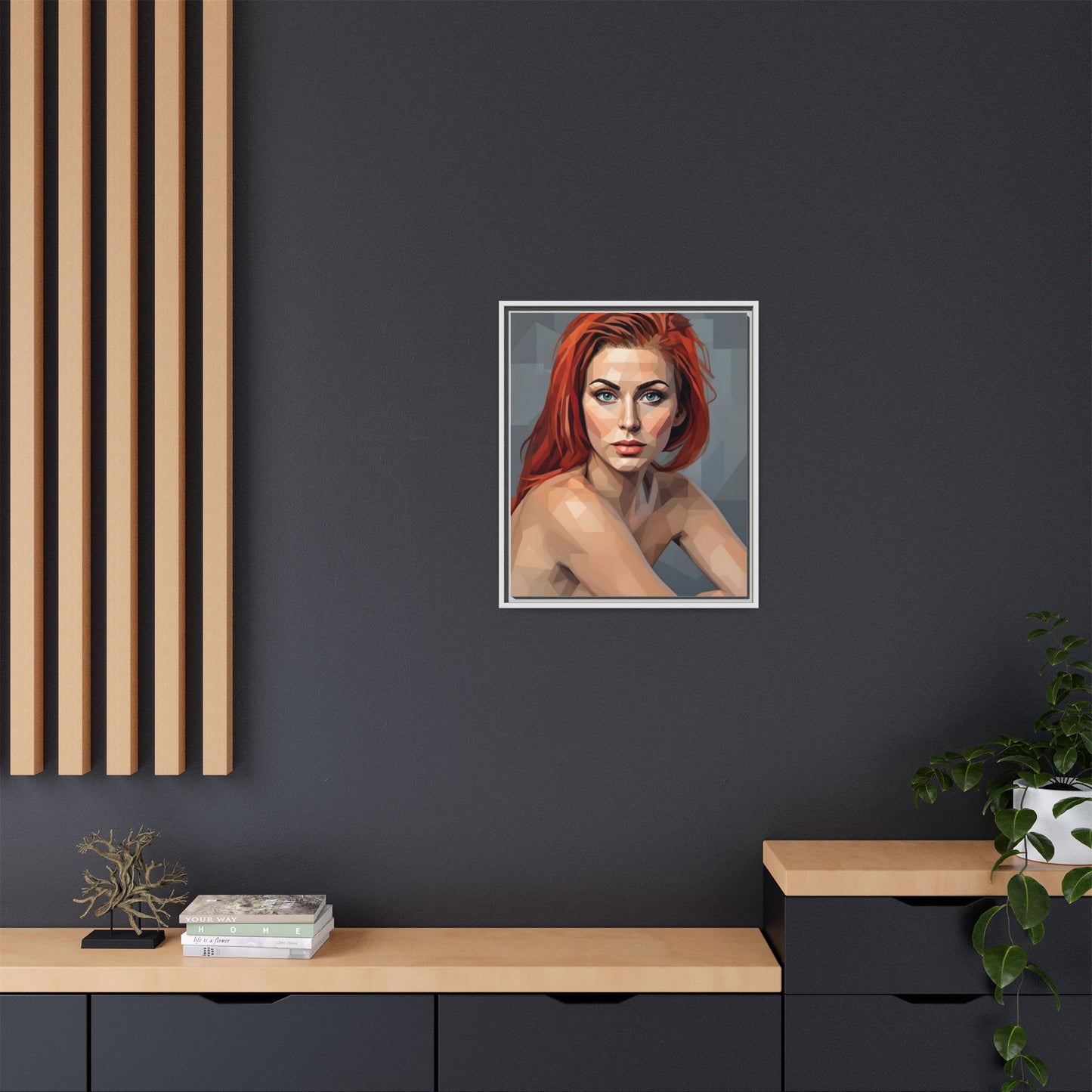 Framed Matte Canvas Portrait — Geometric Redhead Wall Art