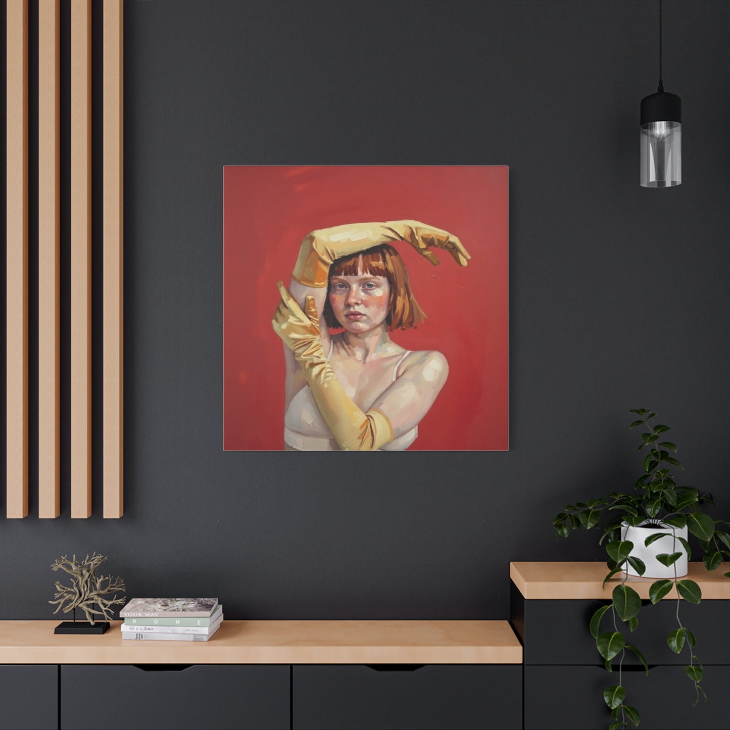 Figurative Portrait Canvas — Woman with Yellow Gloves on Red Background