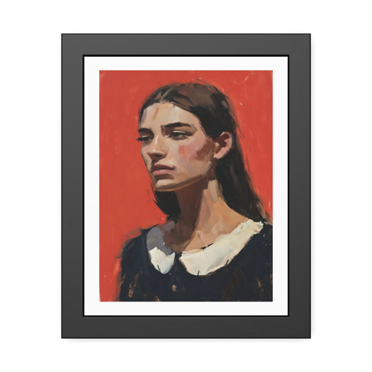 Framed Art Print — Distant Woman Portrait Painting on Red Background