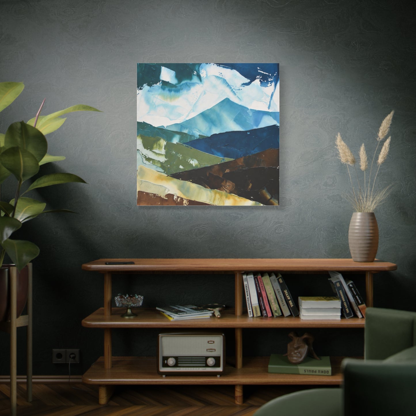 Abstract Mountain Landscape Matte Canvas Wall Art — Blue & Earth Tone Stretched Canvas
