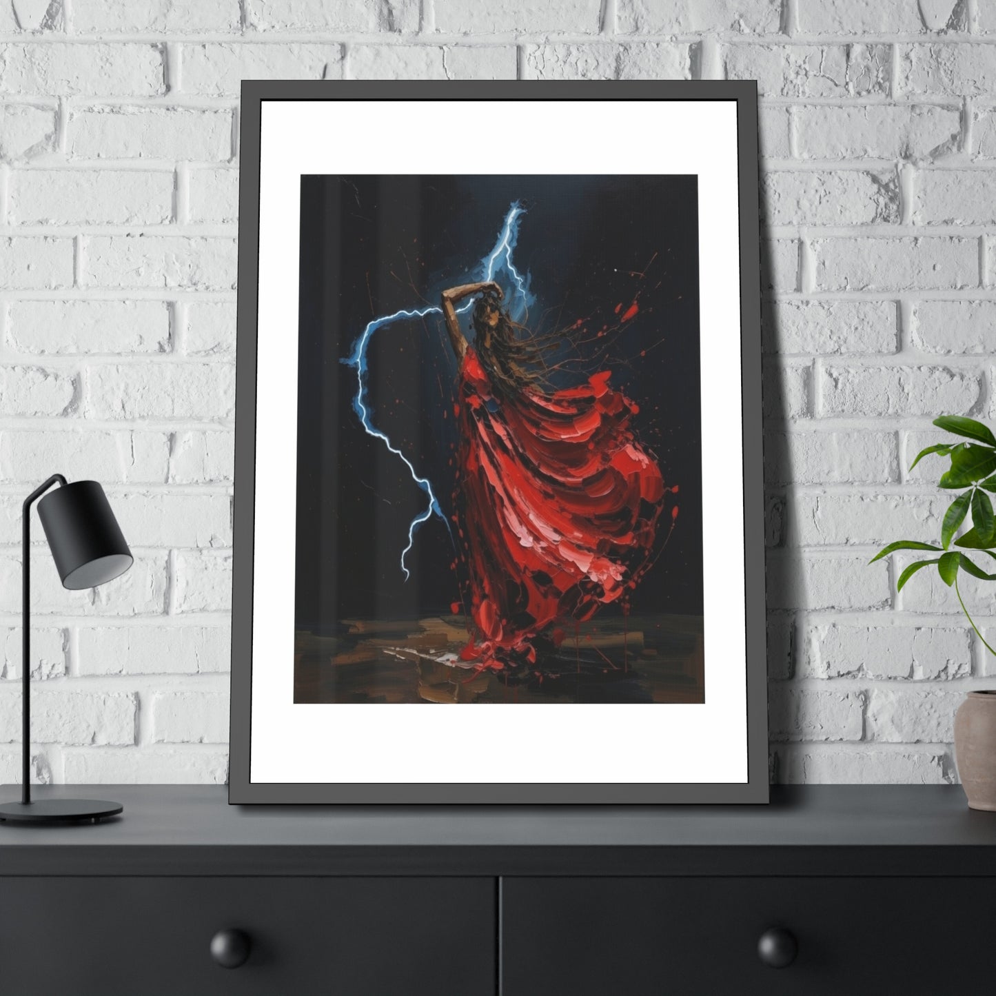 Framed Poster — Red-Dressed Dancer with Lightning Art Print