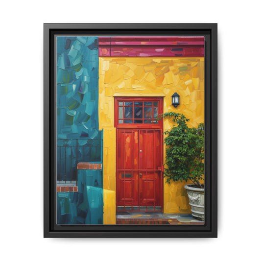 Framed Matte Canvas Wall Art — Colorful Red Door on Yellow Facade