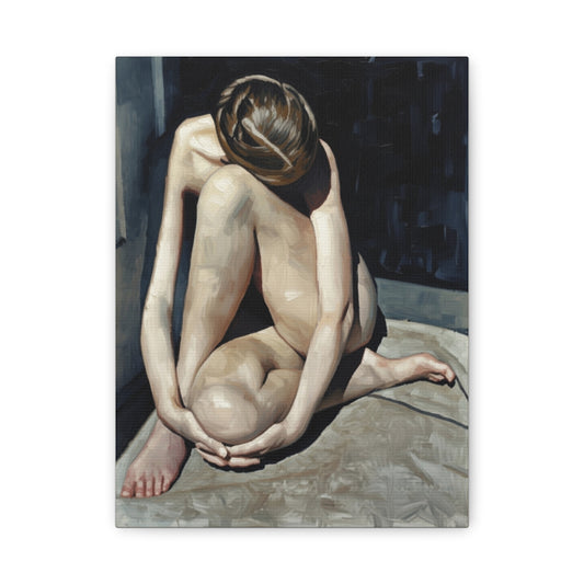 Figurative Nude Art Canvas Print — Contemplative Female Figure Matte Stretched