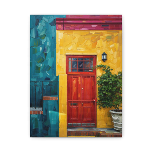 Colorful Doorway Canvas Wall Art — Vibrant Yellow & Teal Street Scene, Matte Stretched Print