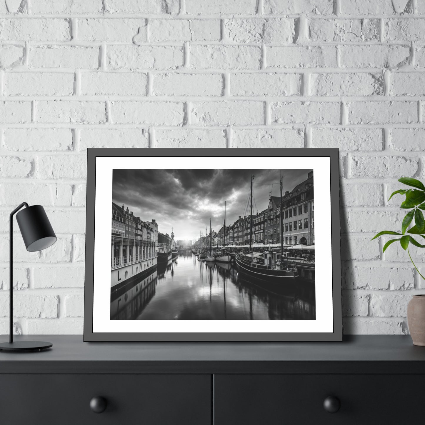 Black & White Dutch Canal Framed Photo Print — Nautical Cityscape Wall Art