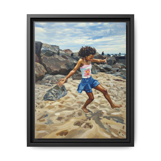 Framed Canvas Art - Girl Dancing on the Beach (Matte Multi-Color)