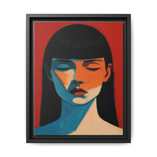 Framed Matte Canvas Art – Minimalist Portrait in Red & Teal