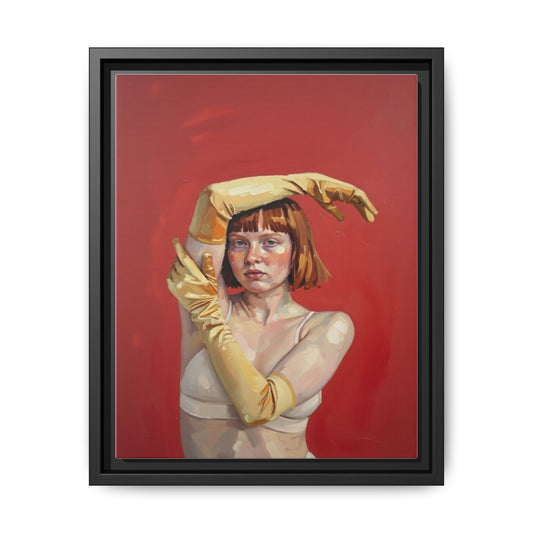 Framed Matte Canvas Art - Portrait of Woman in Yellow Gloves (Red Background)