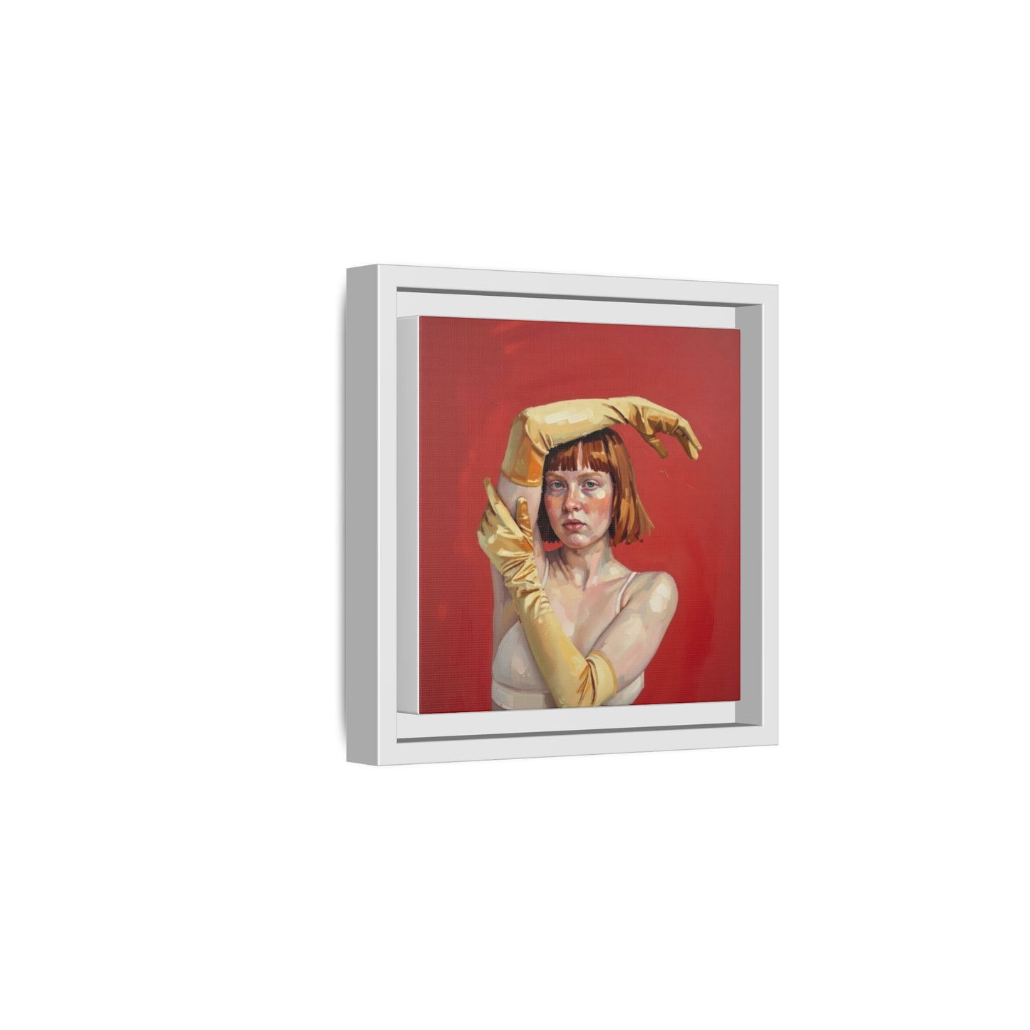 Framed Matte Canvas Art - Portrait of Woman in Yellow Gloves (Red Background)