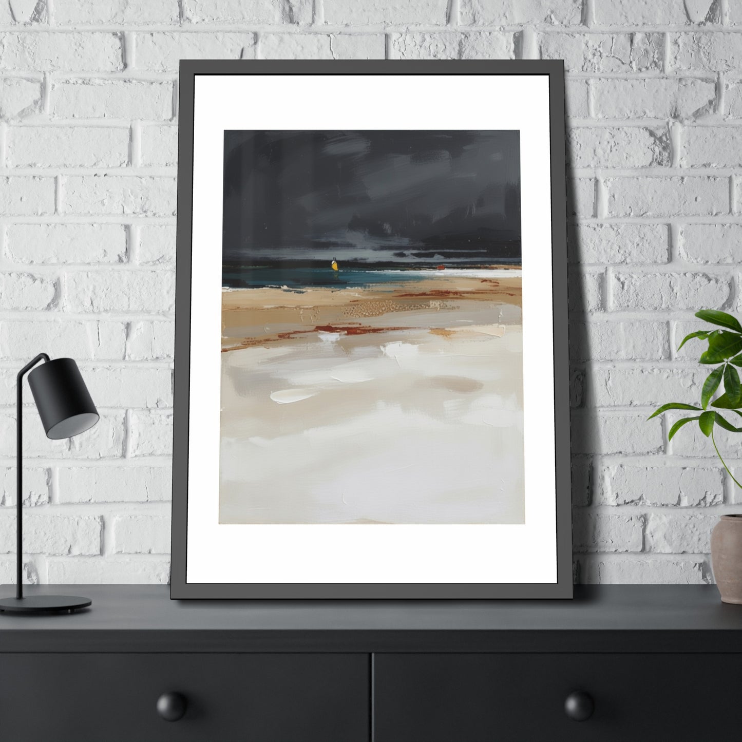 Framed Coastal Beach Print — Moody Seascape Poster in Black Frame
