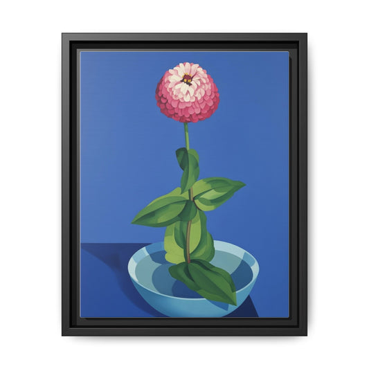 Framed Matte Canvas Art — Pink Zinnia in Blue Bowl (Botanical Still Life)