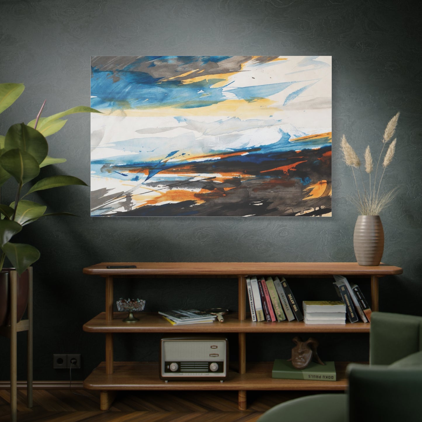 Abstract Oceanic Canvas Print — Blue & Amber Stretched Wall Art