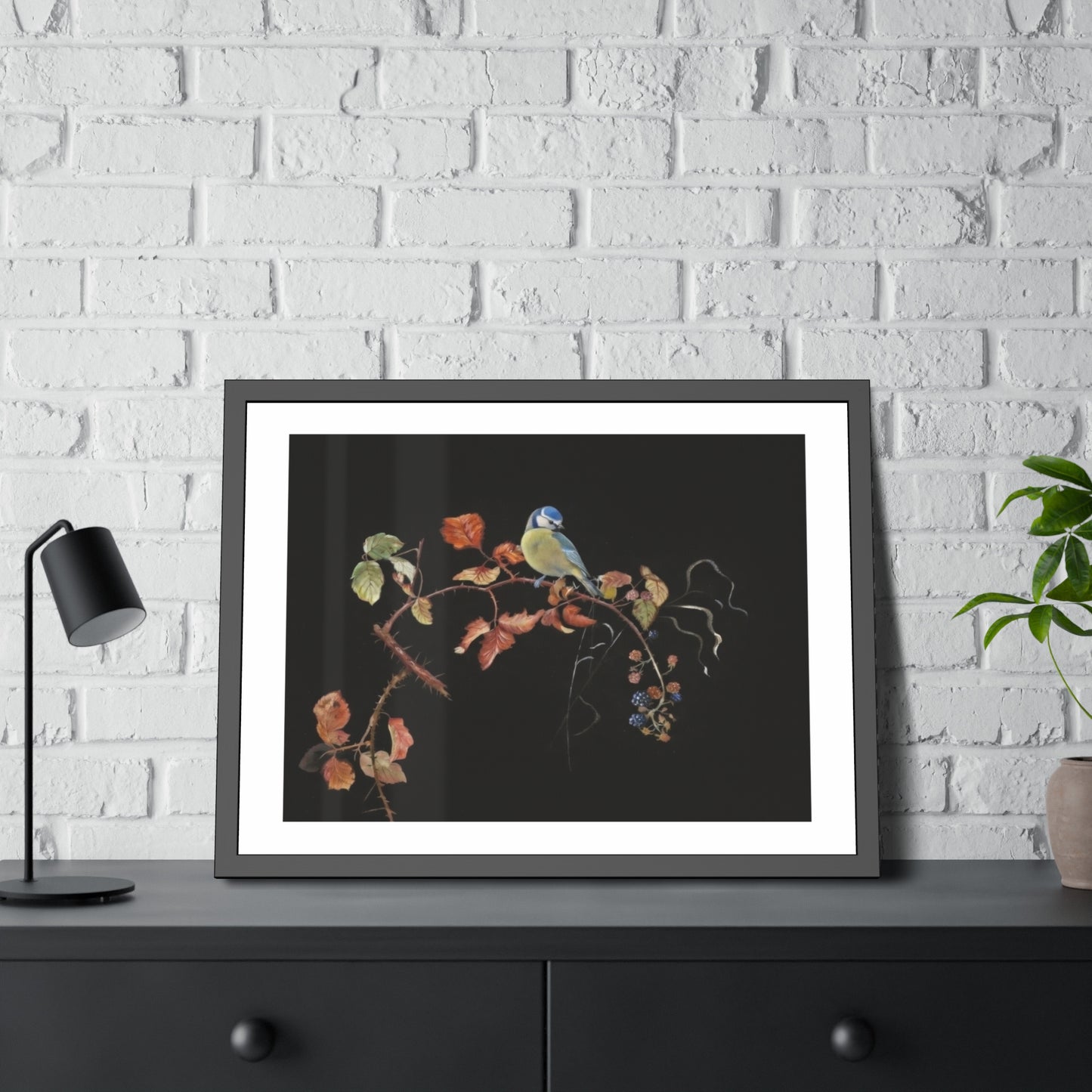 Framed Bird Print Poster — Vintage Botanical Bird Illustration on Black