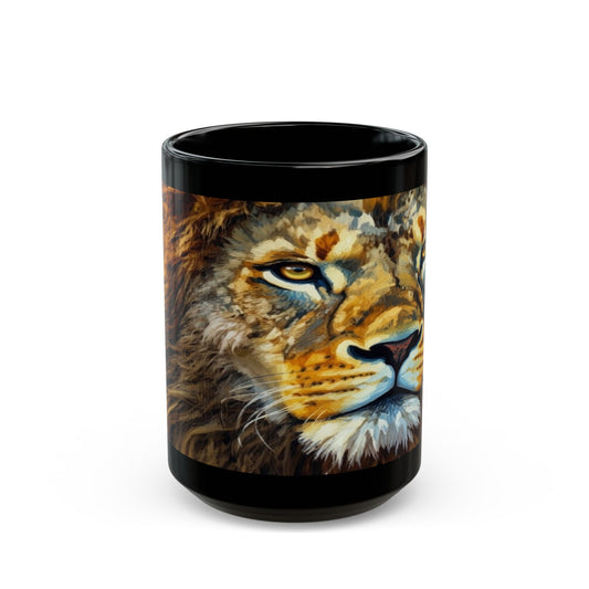 Lion Portrait Black Ceramic Mug — Majestic Wildlife Coffee Cup (11oz, 15oz)