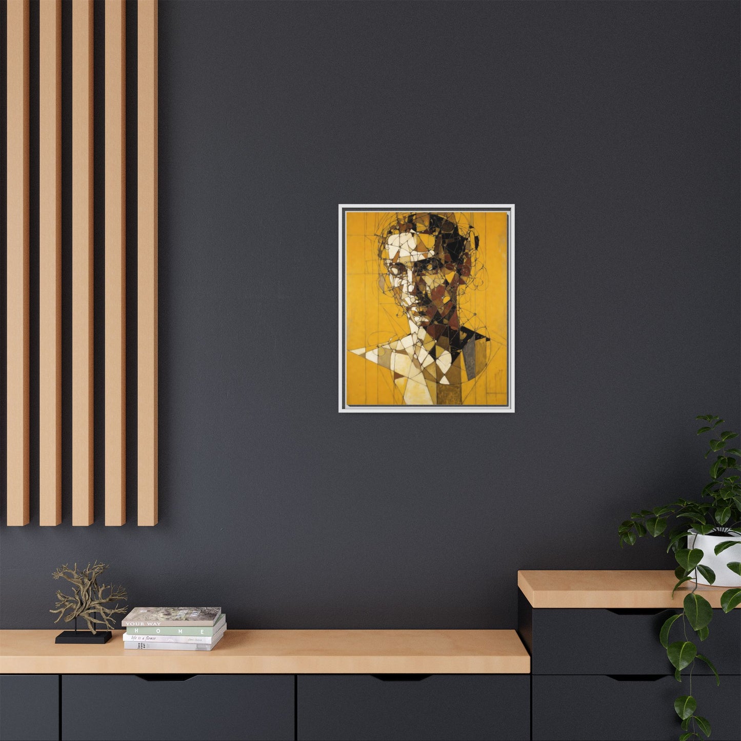 Framed Matte Canvas Art - Abstract Geometric Portrait on Mustard Yellow