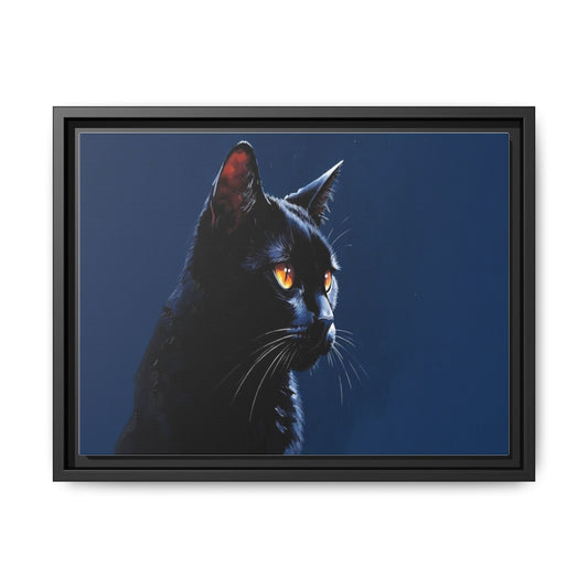Black Cat Portrait Matte Canvas Framed Wall Art — Dramatic Feline Photo Print