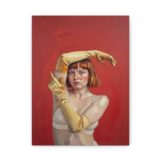 Figurative Portrait Canvas — Woman with Yellow Gloves on Red Background