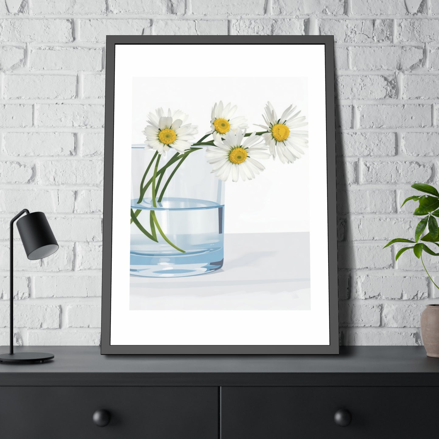 Framed Poster — Daisies in Glass Vase Wall Art, Minimal Botanical Print for Living Room