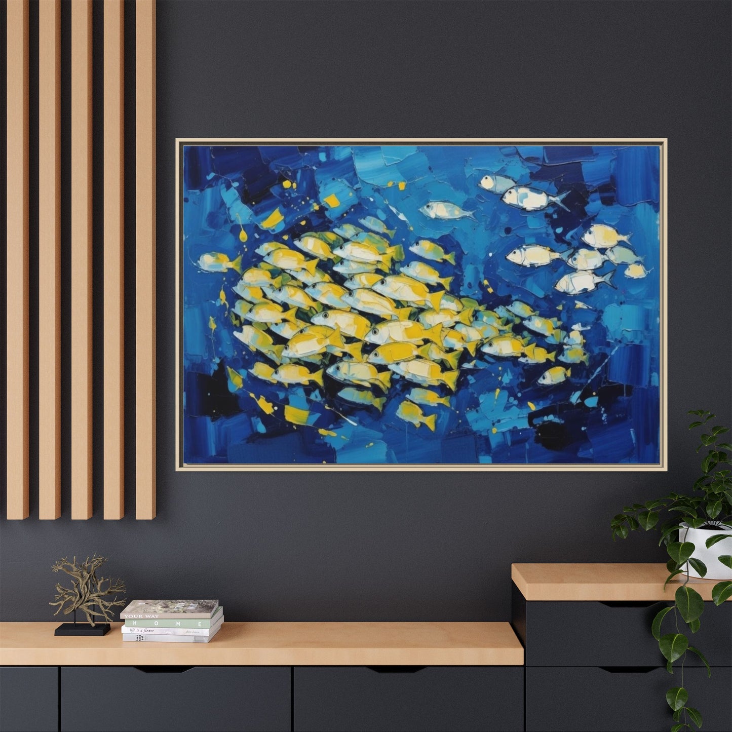 Framed Matte Canvas: Blue School of Fish Wall Art