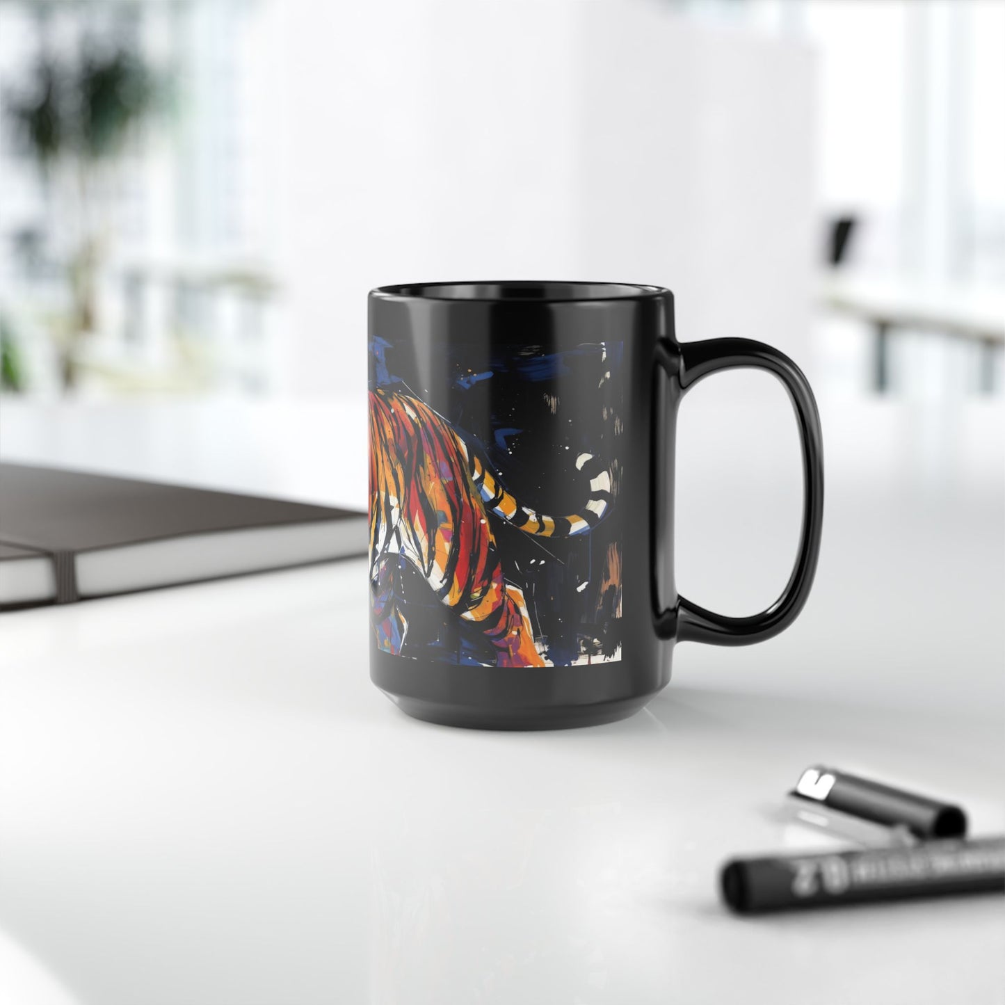 Tiger Art Black Mug — Colorful Abstract Tiger Coffee Cup (11oz & 15oz)