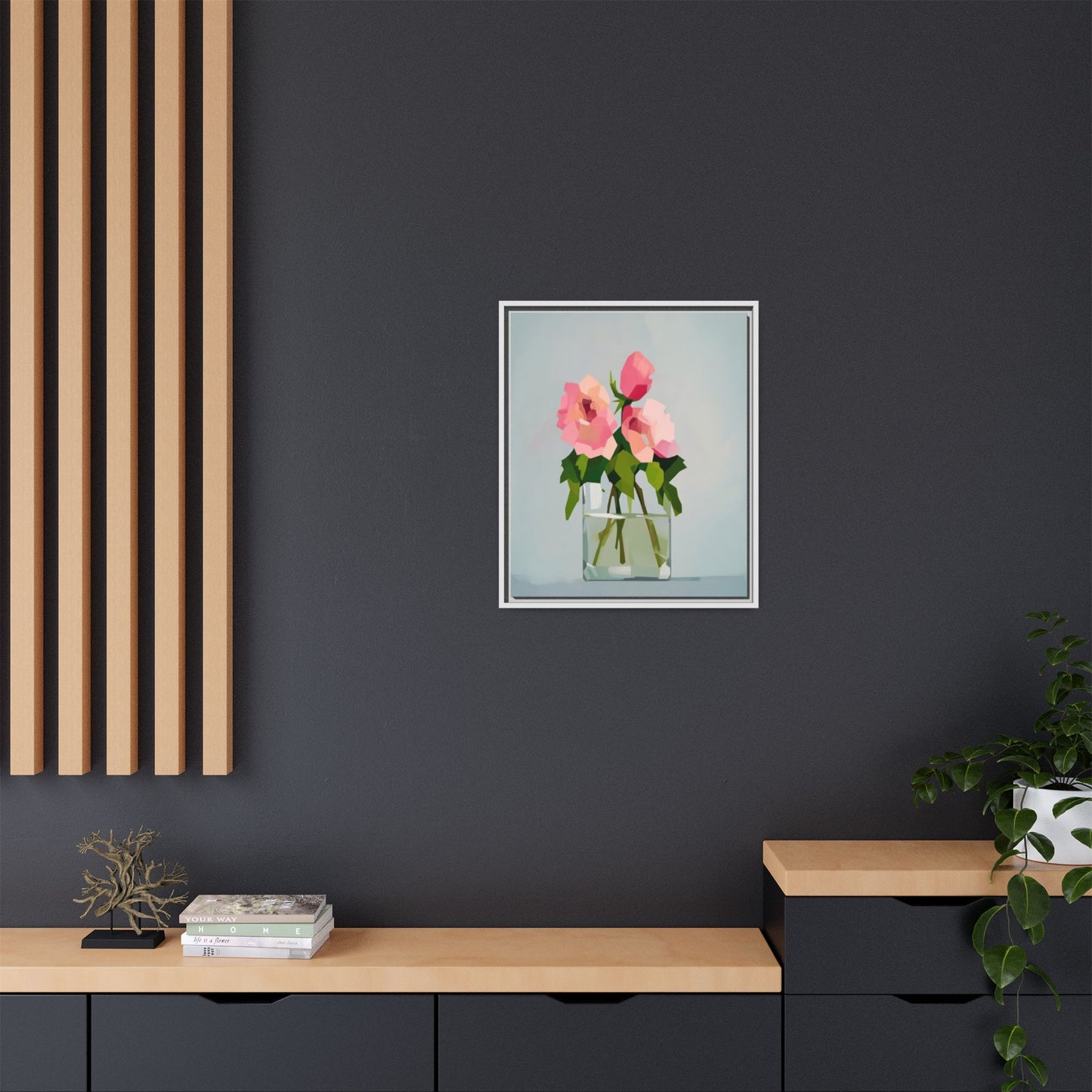 Framed Floral Canvas Print — Pink Roses in Glass Vase (Matte)