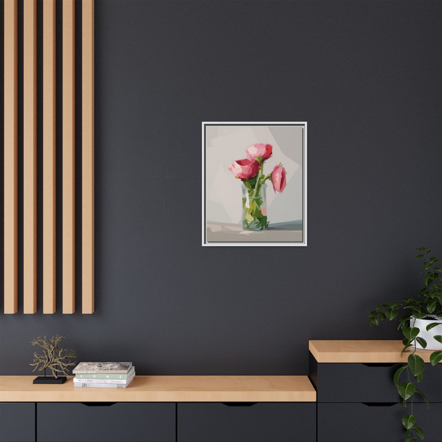 Framed Canvas Art — Pink Roses in Vase, Modern Floral Wall Print