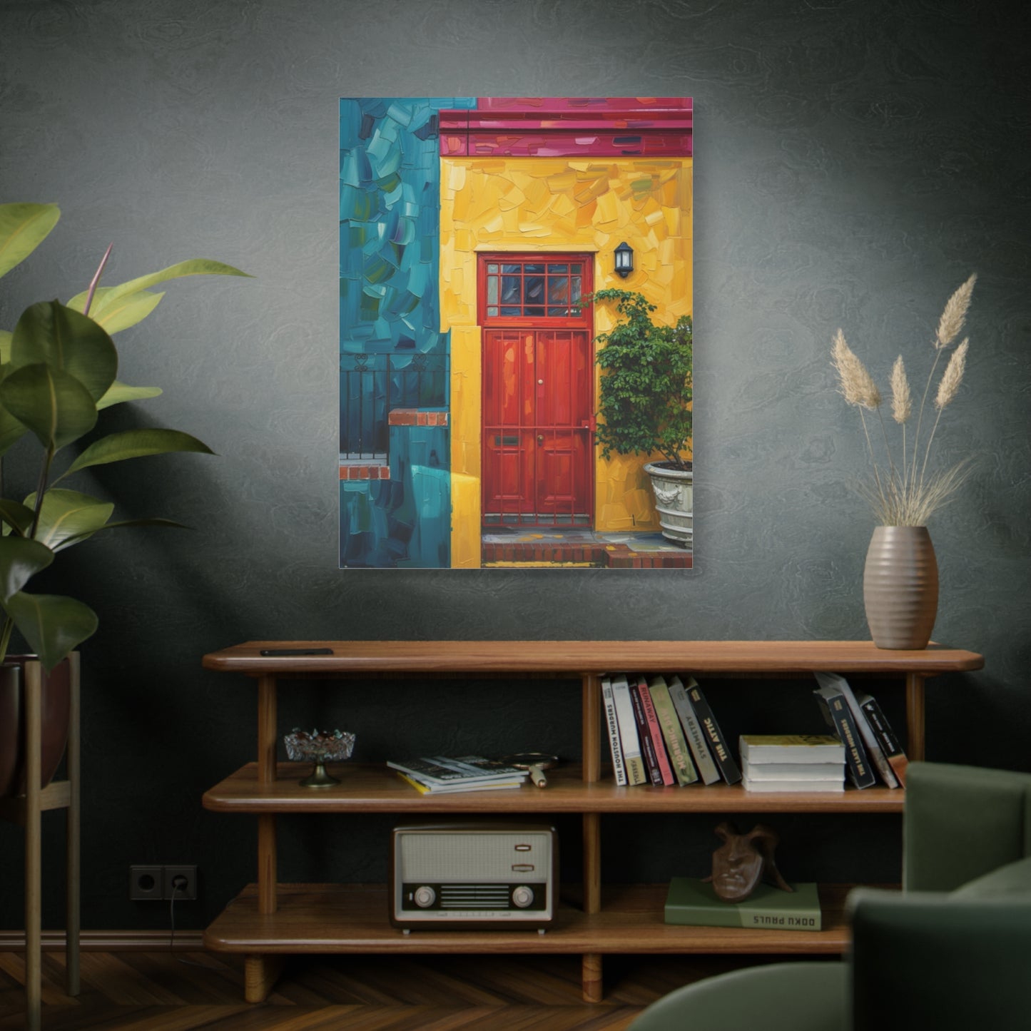 Colorful Doorway Canvas Wall Art — Vibrant Yellow & Teal Street Scene, Matte Stretched Print