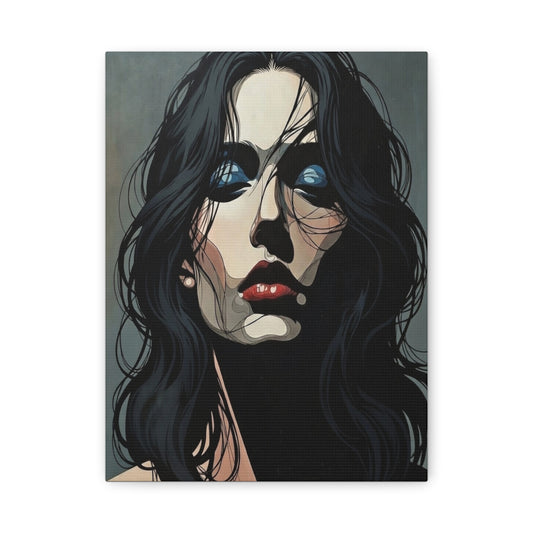 Dark Glam Portrait Canvas Art — Moody Woman Face Matte Stretched Wall Decor