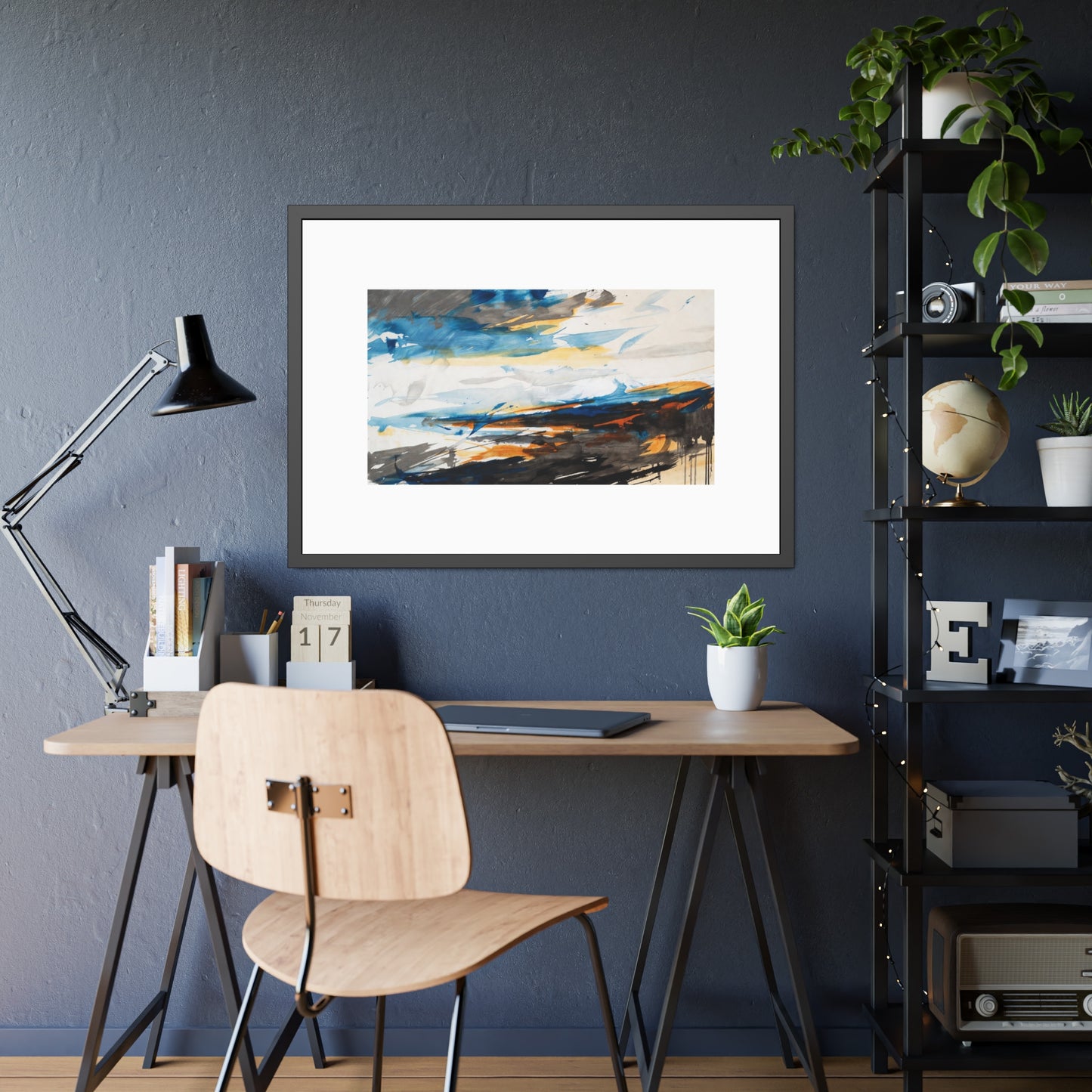 Framed Abstract Poster — Blue & Gold Coastal Abstract Art Print