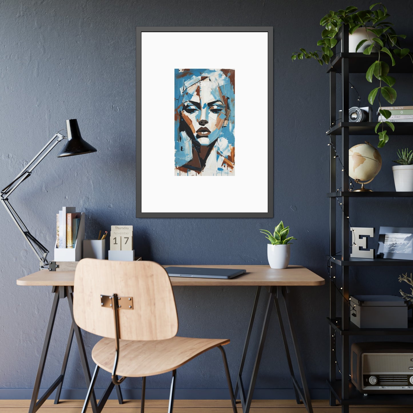 Framed Art Print - Abstract Blue Portrait Poster (Modern Wall Decor)