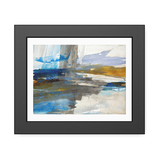 Abstract Coastal Waterscape Framed Poster — Blue & Gold Modern Wall Art