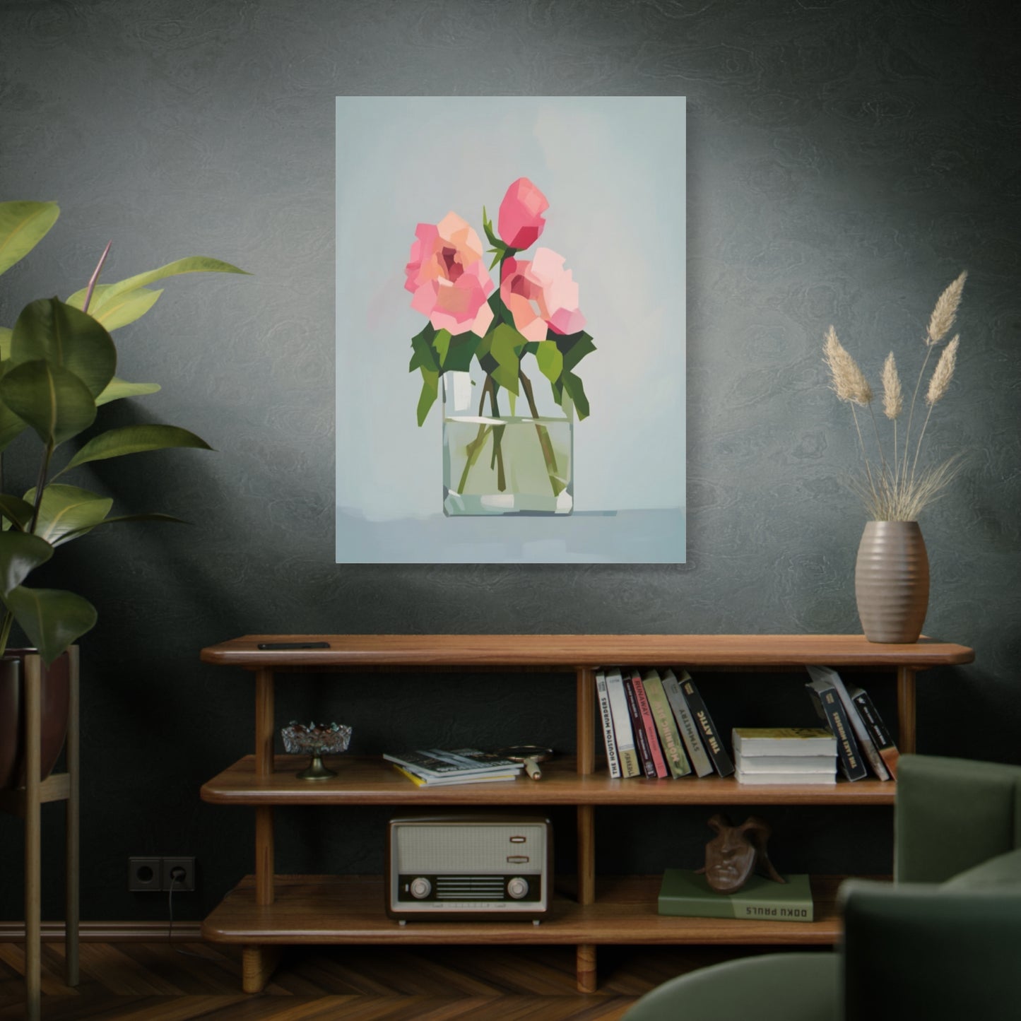 Pink Roses in Square Vase - Matte Stretched Canvas Wall Art