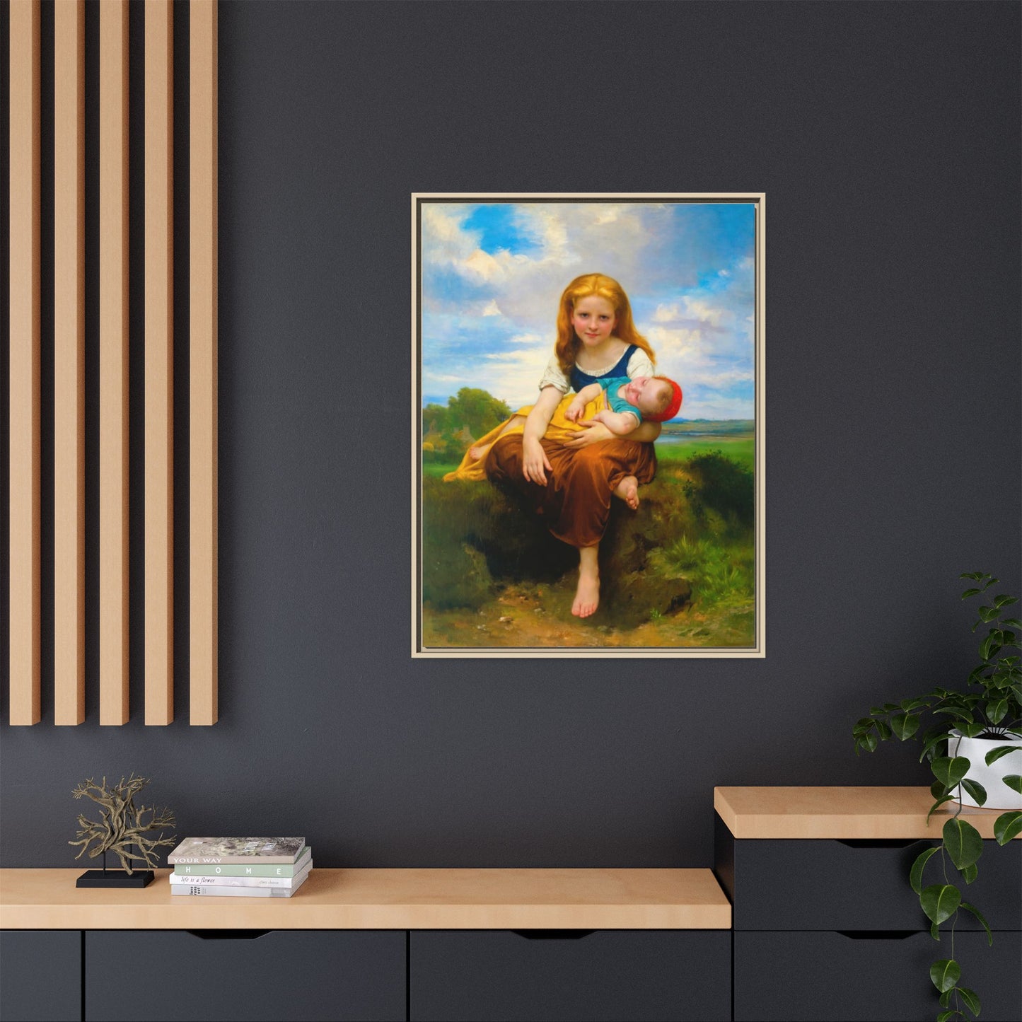 Young Girl Holding Sleeping Baby Canvas Print, Framed Wall Art